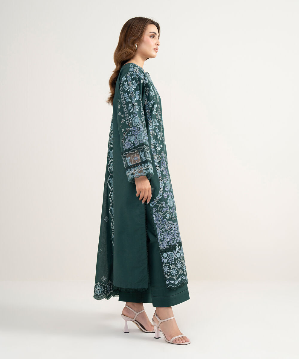 Women's Unstitched Lawn Embroidered Green 3 Piece Suit