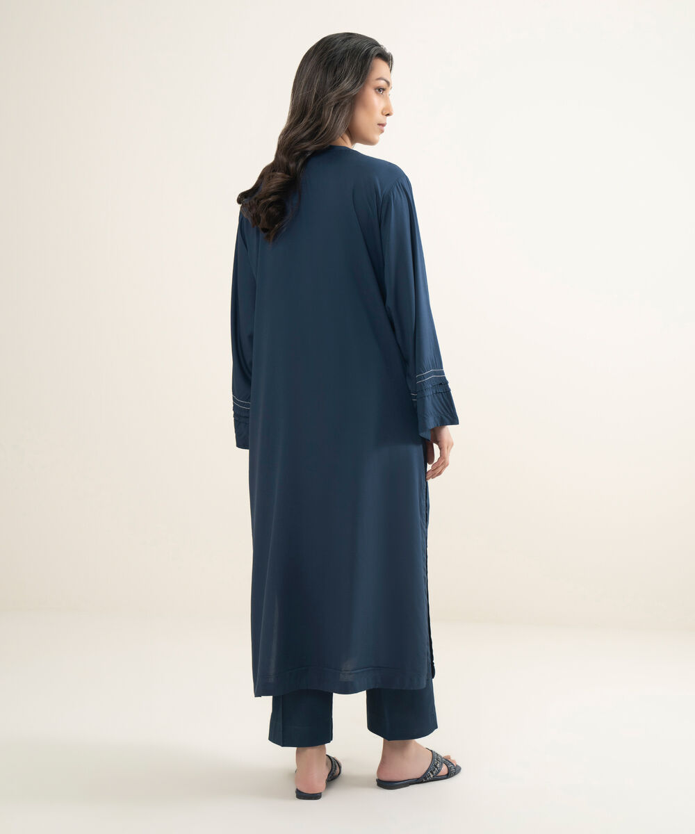 Women's RTW Arabic Lawn Solid Blue Straight Shirt