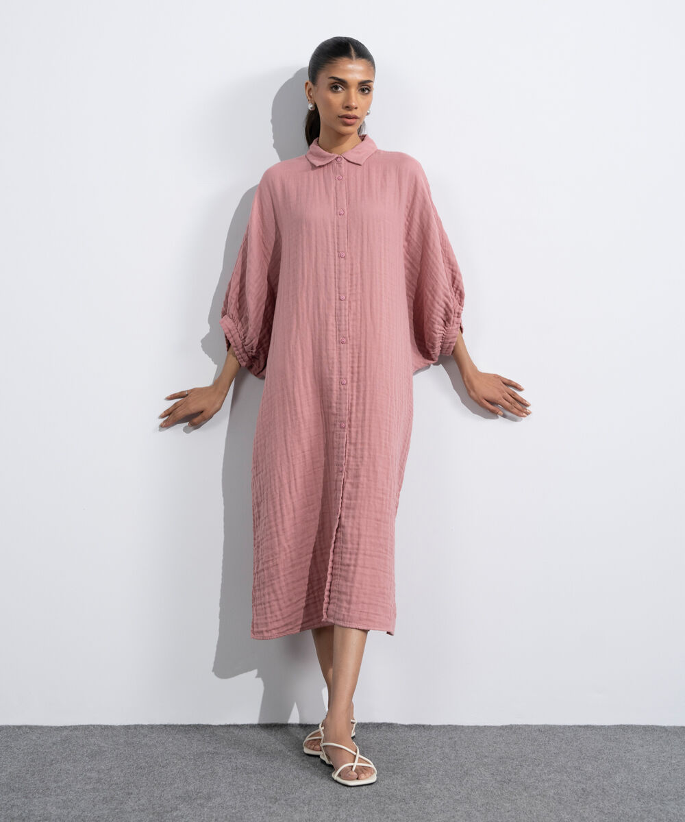 Women's Western Tea-Pink Batwing Sleeve Cotton Muslin Dress