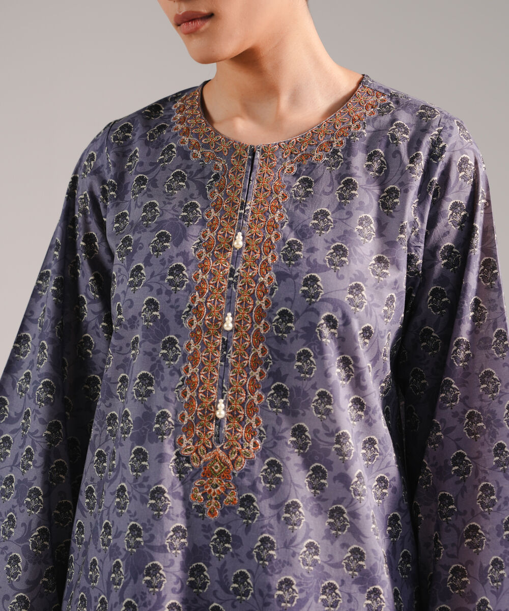 Women's RTW Slub Lawn Embroidered Slate Blue Straight Shirt