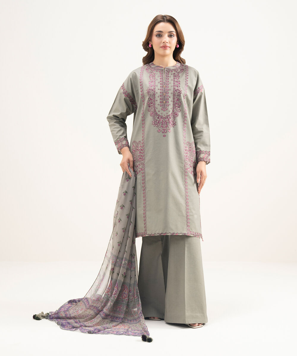 Women's Unstitched Lawn Embroidered Grey 3 Piece Suit