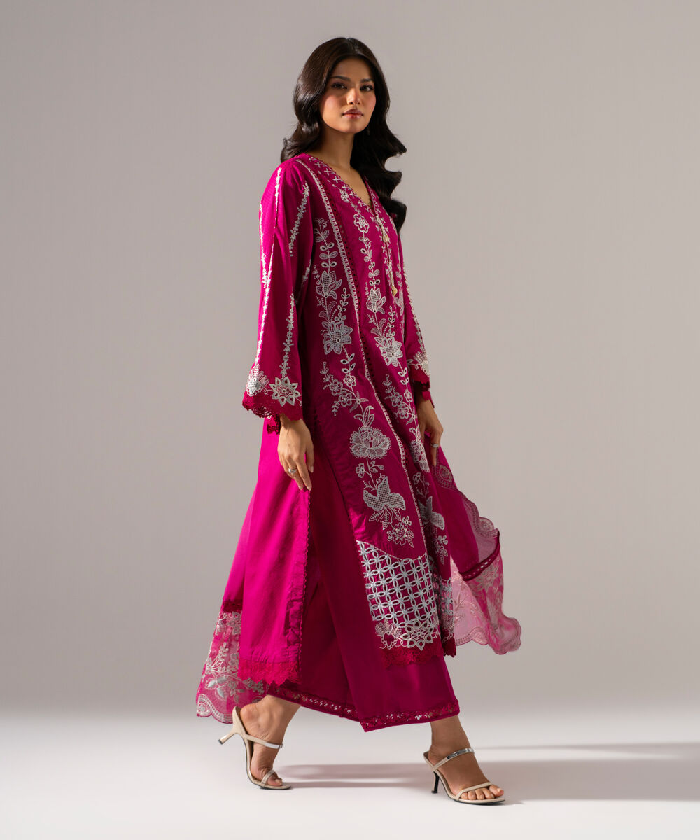 Women's RTW Dobby Solid Embroidered Purple 3 Piece Suit