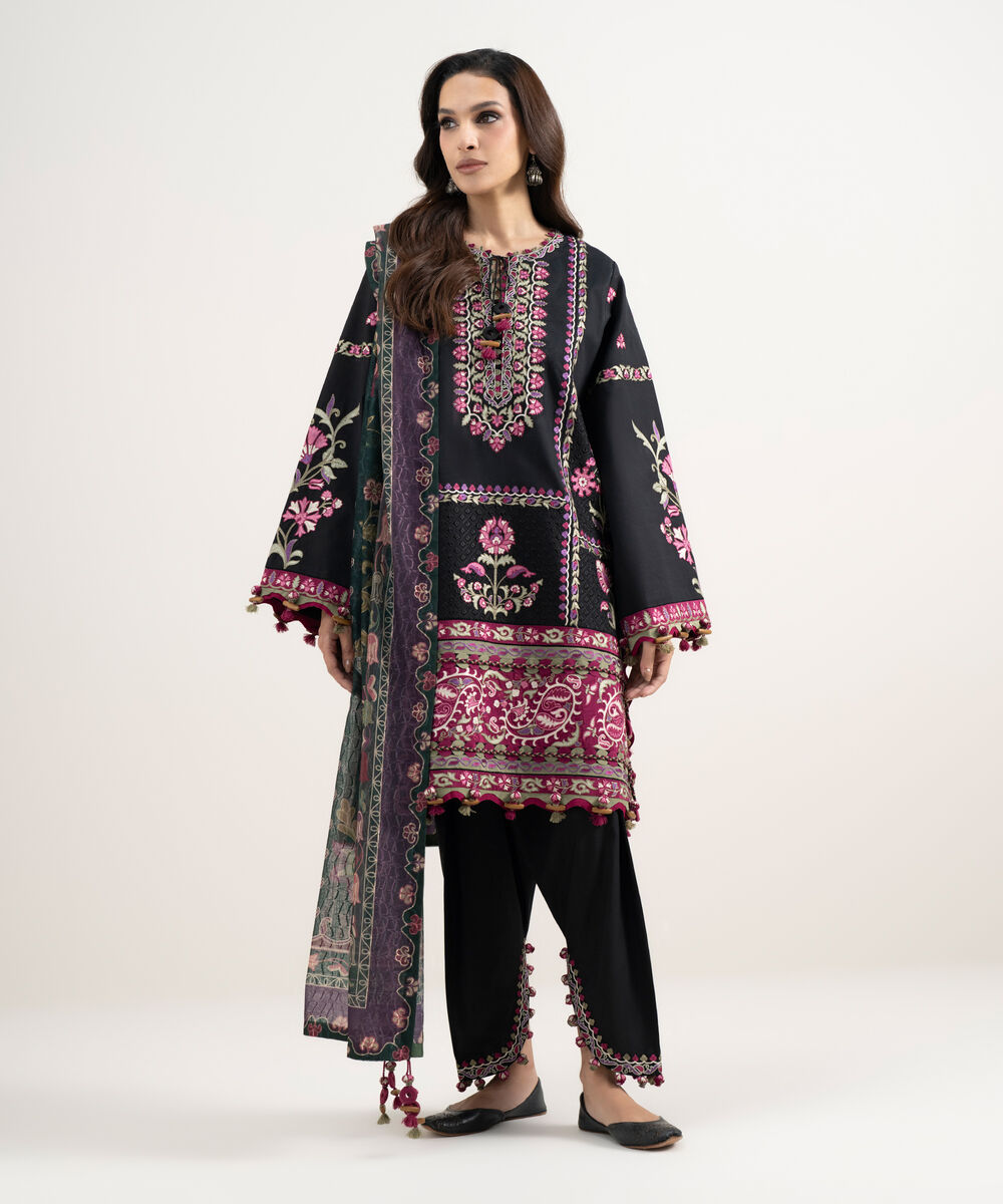 Women's Unstitched Lawn Embroidered Black 3 Piece Suit