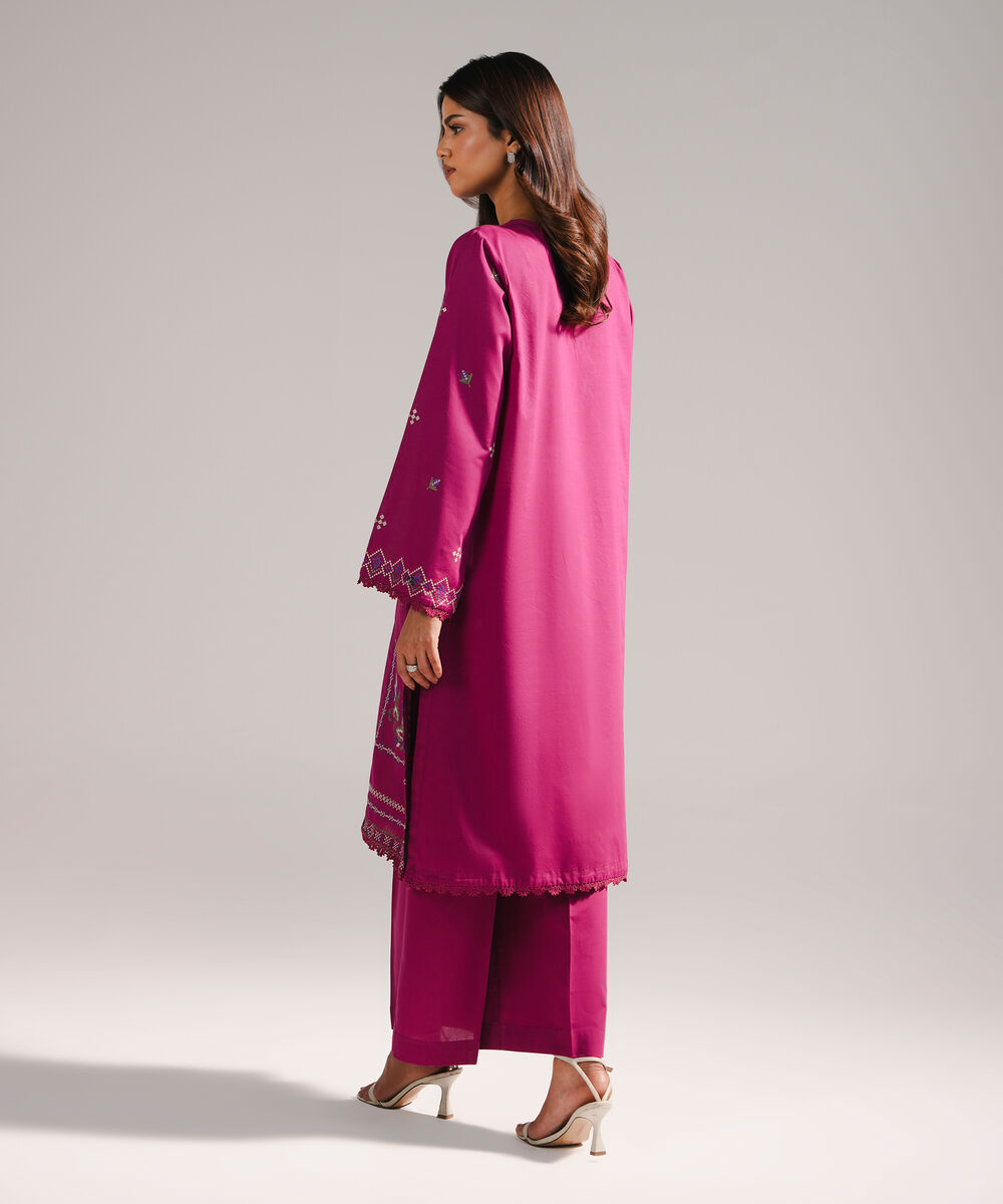 Women's RTW Slub Lawn Embroidered Plum Straight Shirt