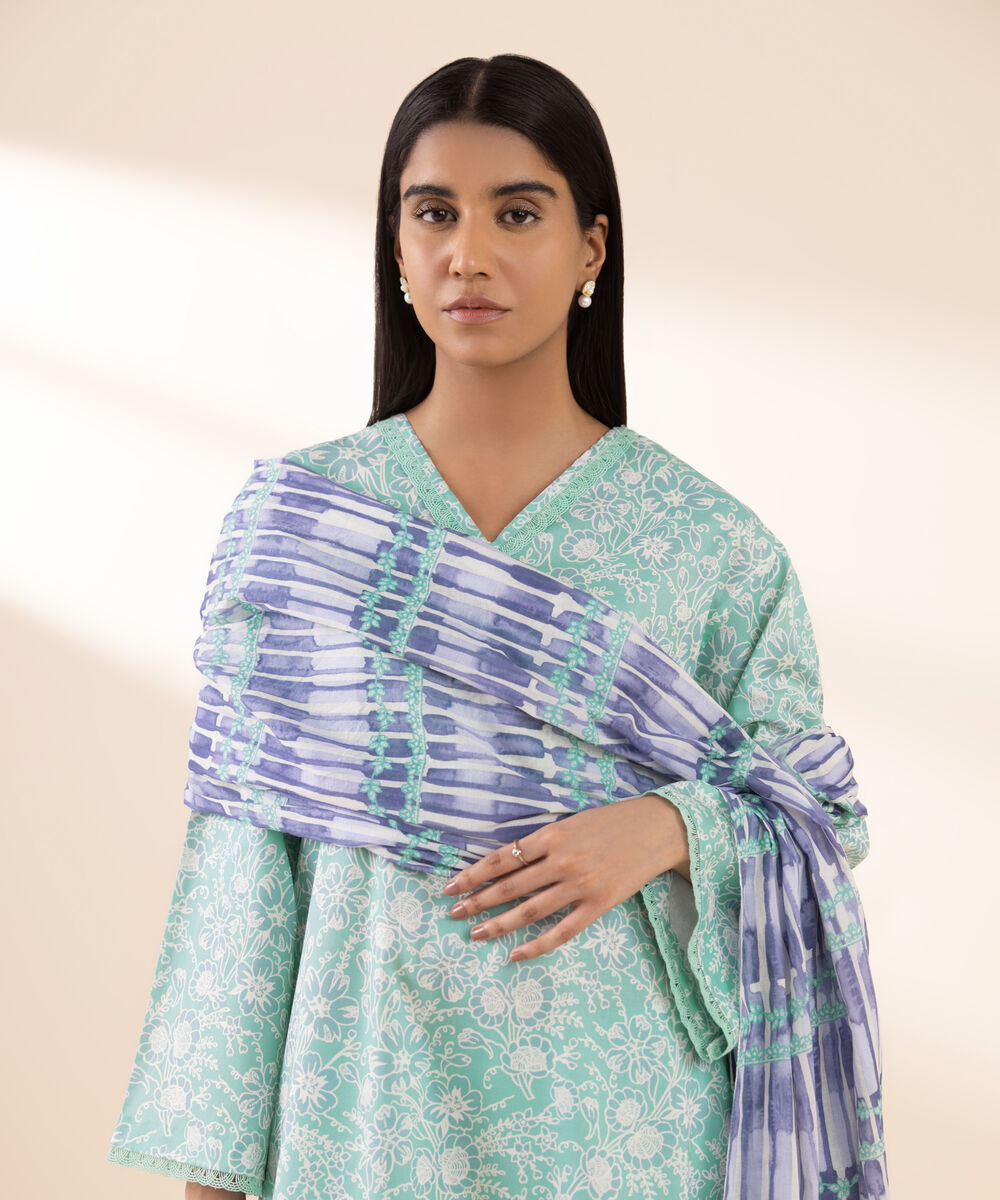 Women's Unstitched Lawn Printed Blue 3 Piece Suit