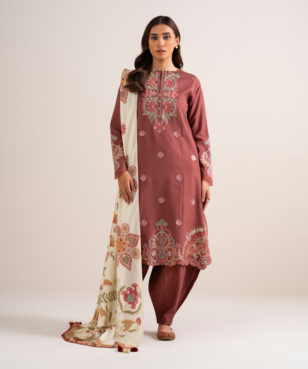 Women's Unstitched Embroidered Linen Tea Pink 3 Piece Suit