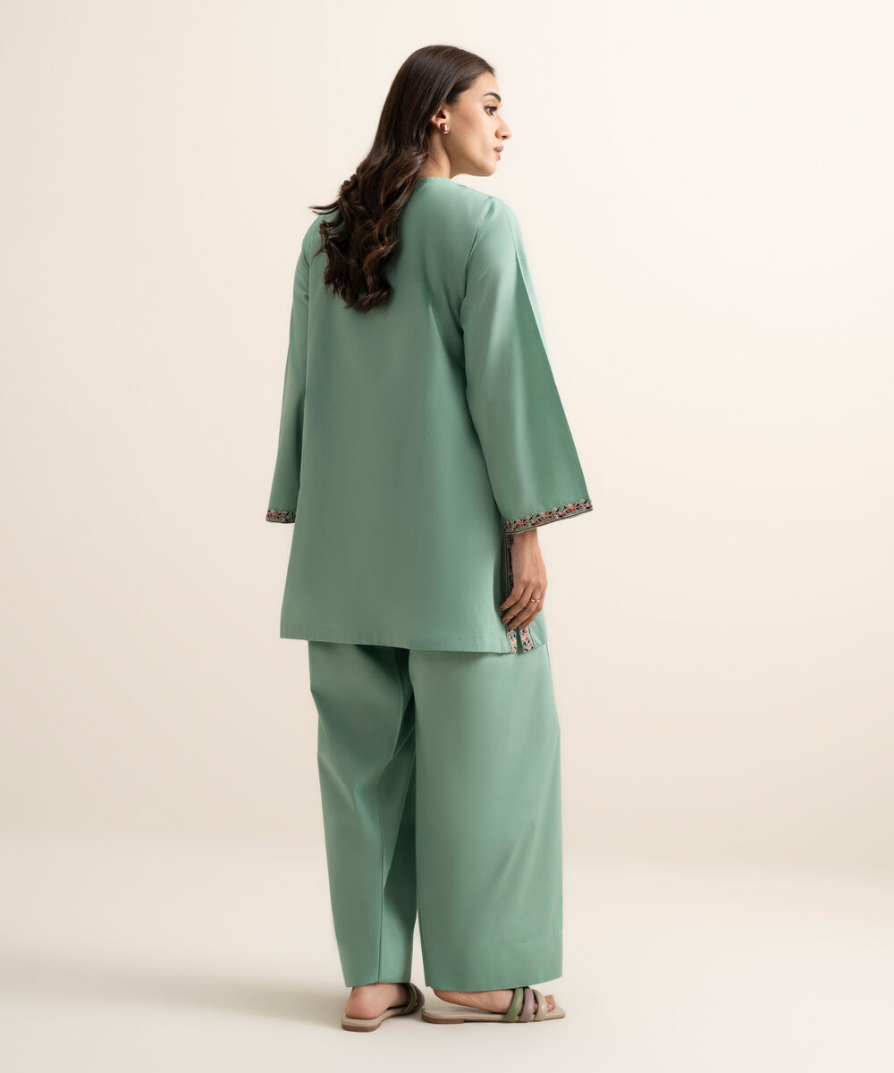 Women's RTW Cambric Embroidered Green Boxy Shirt