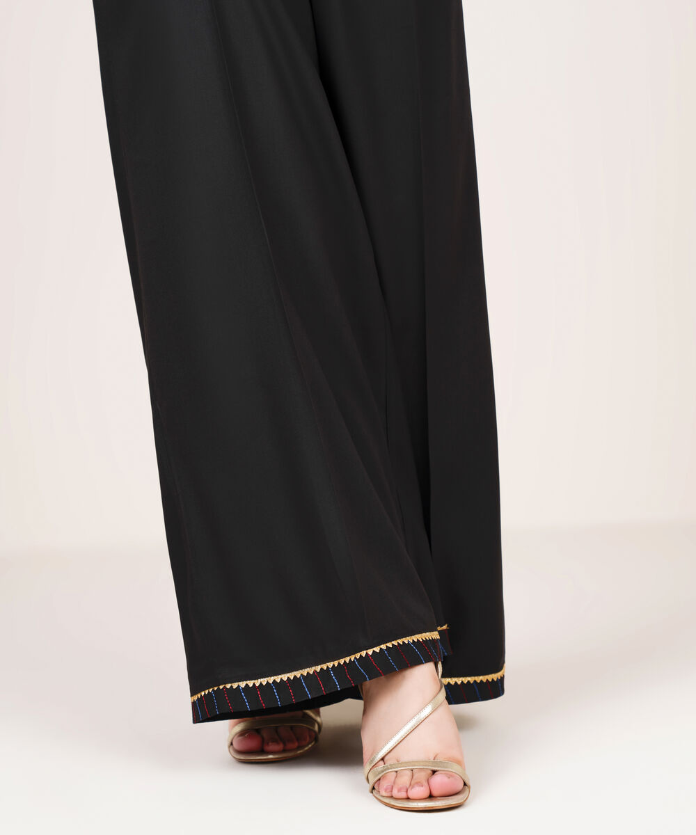 Women's RTW Viscose Linen Solid Black Flared Pants