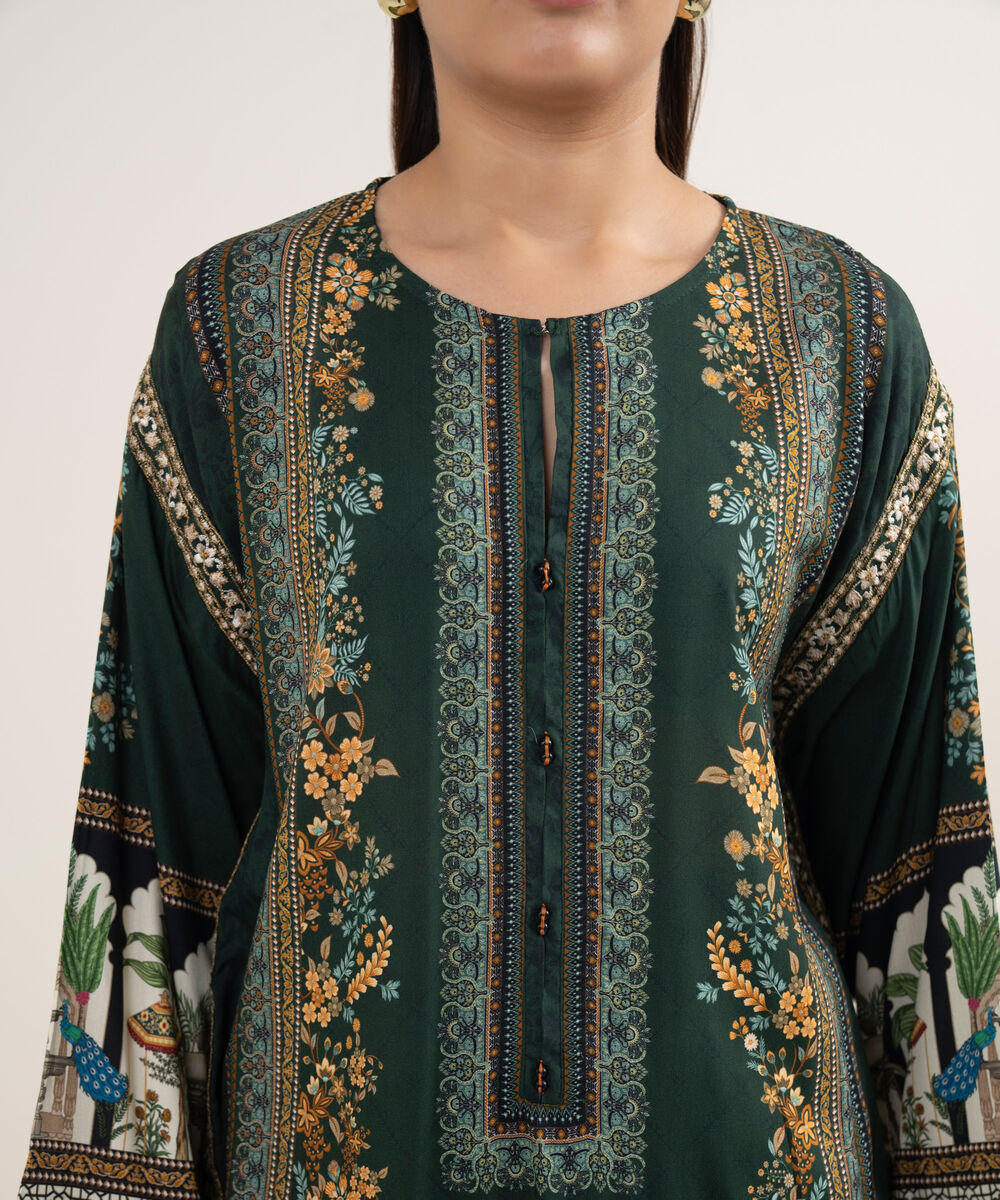 Women's RTW Arabic Lawn Green Printed Drop Shoulder Shirt