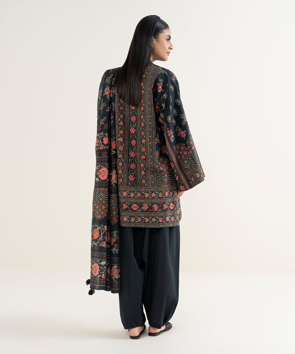 Women's Unstitched Printed Khaddar Black 3 Piece Suit