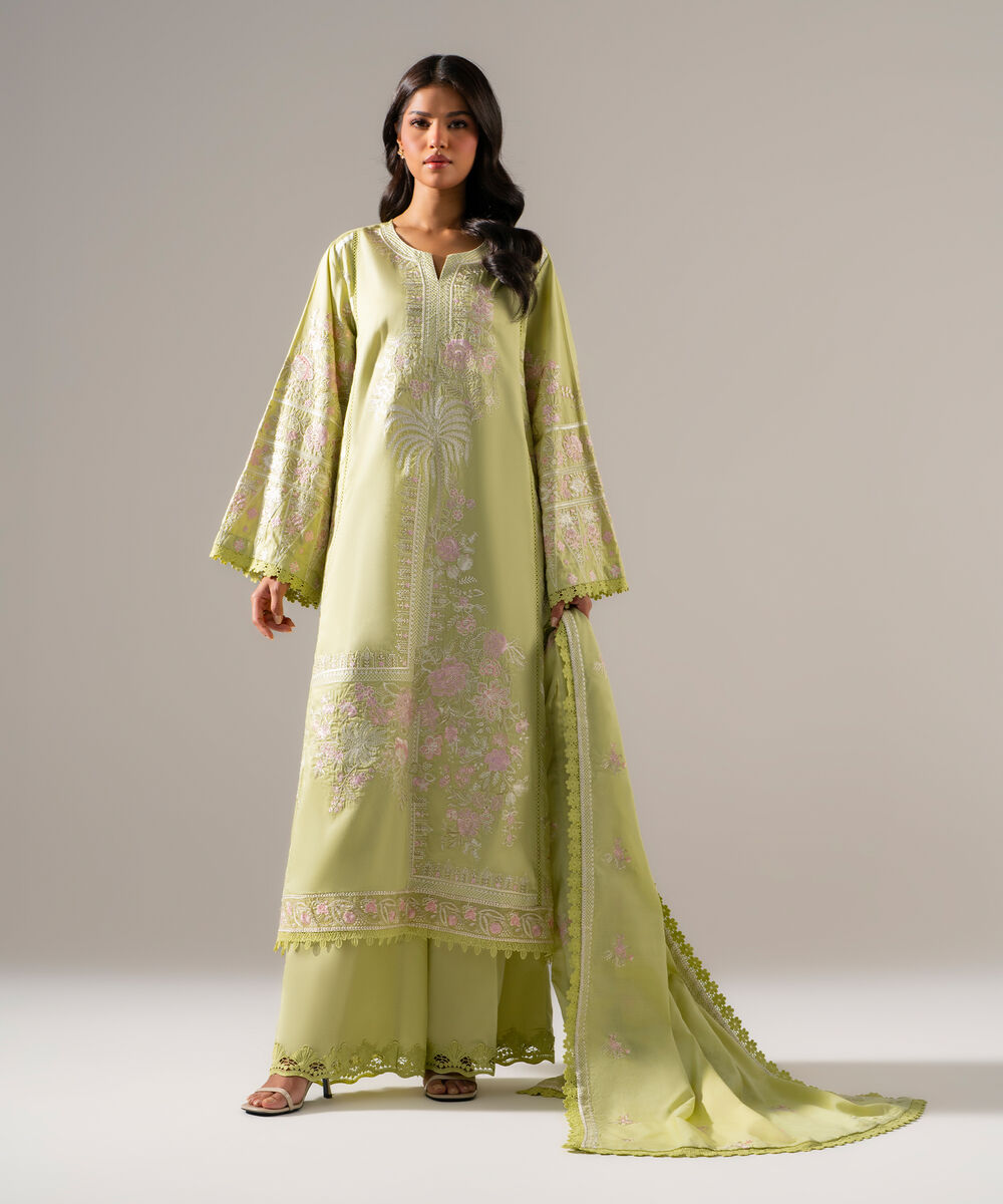 Women's RTW Cotton Satin Solid Embroidered Green 3 Piece Suit