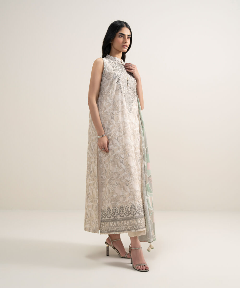 Women's Unstitched Lawn Embroidered Light Beige 3 Piece Suit