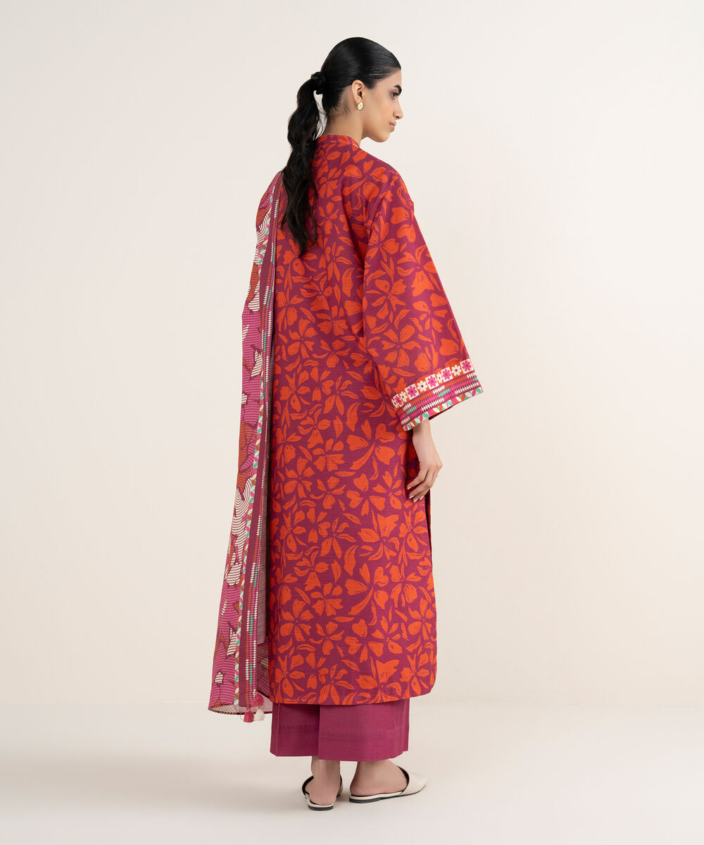 Women's Unstitched Printed Khaddar Hot Pink and Orange 3 Piece Suit