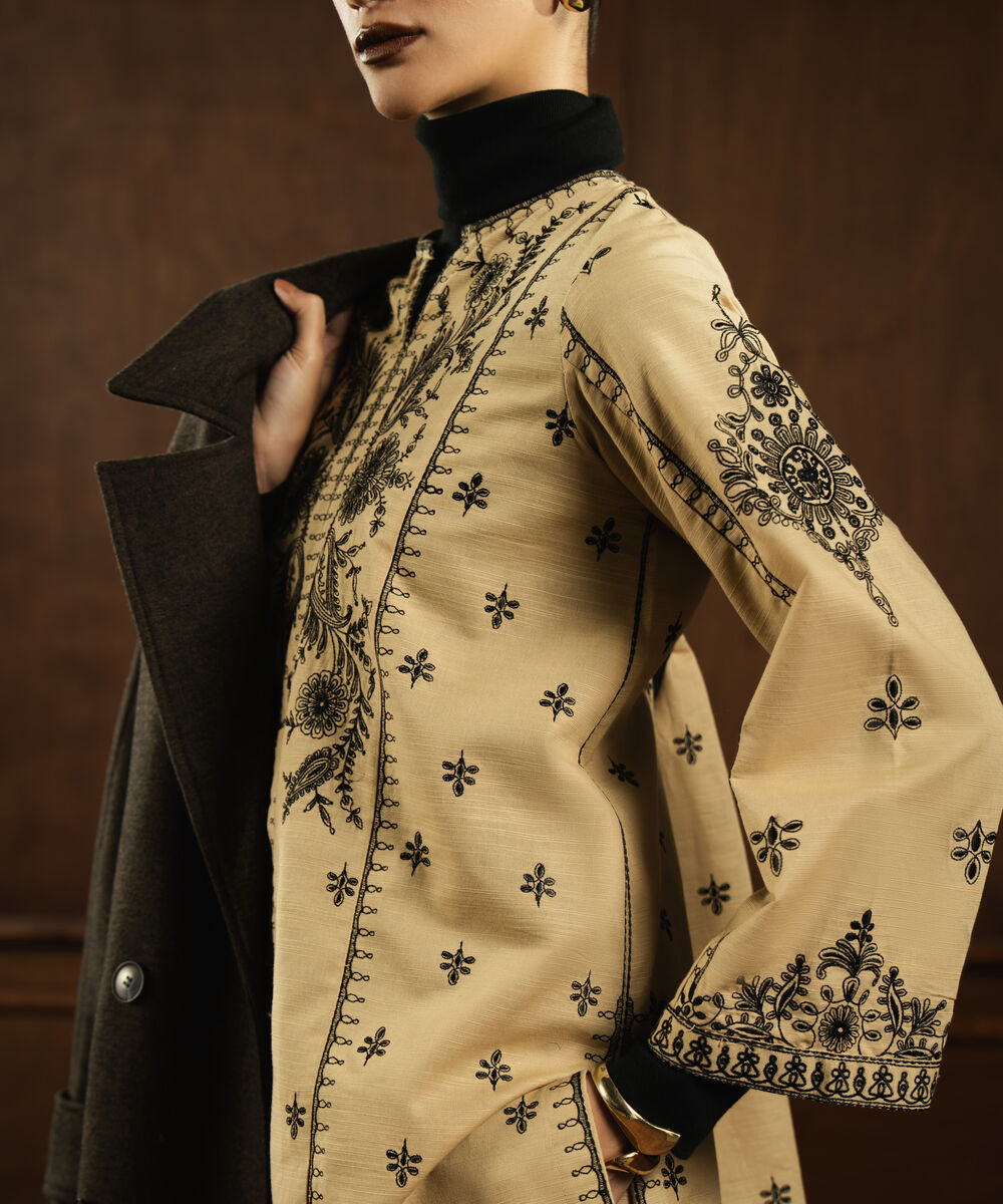 Women's RTW Khaddar Embroidered Beige Straight Shirt