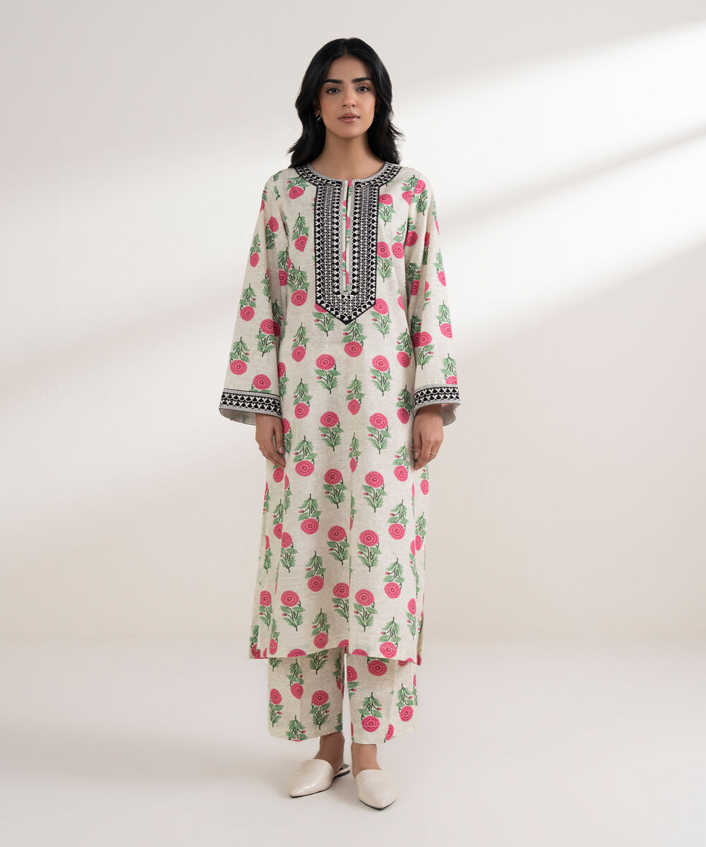 Women's RTW Light Khaddar Embroidered Off White Straight Shirt
