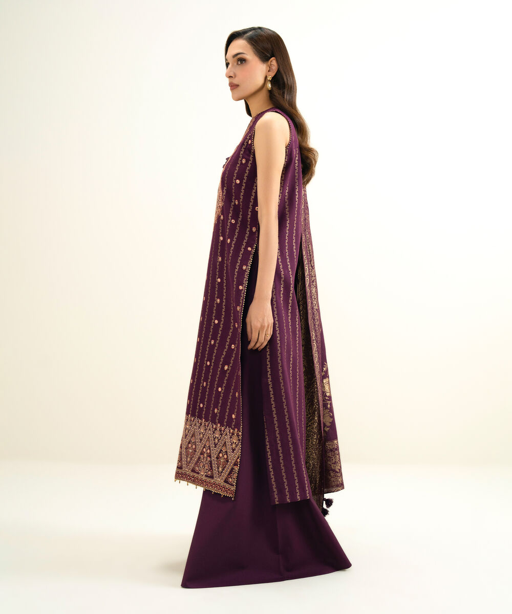 Women's Unstitched Extra Weft Jacquard Embroidered Purple 3 Piece Suit