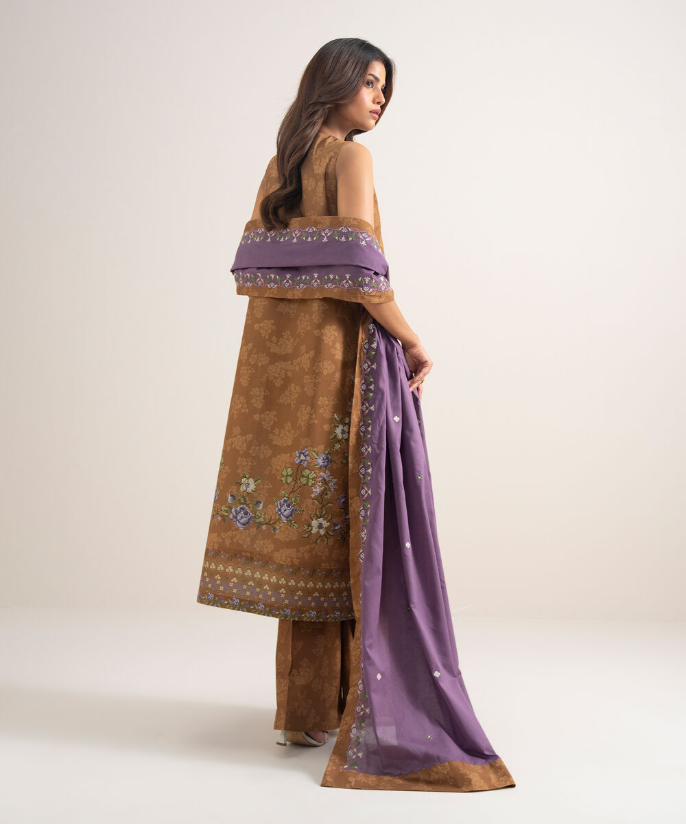 Women's Unstitched Cotton Embroidered Brown