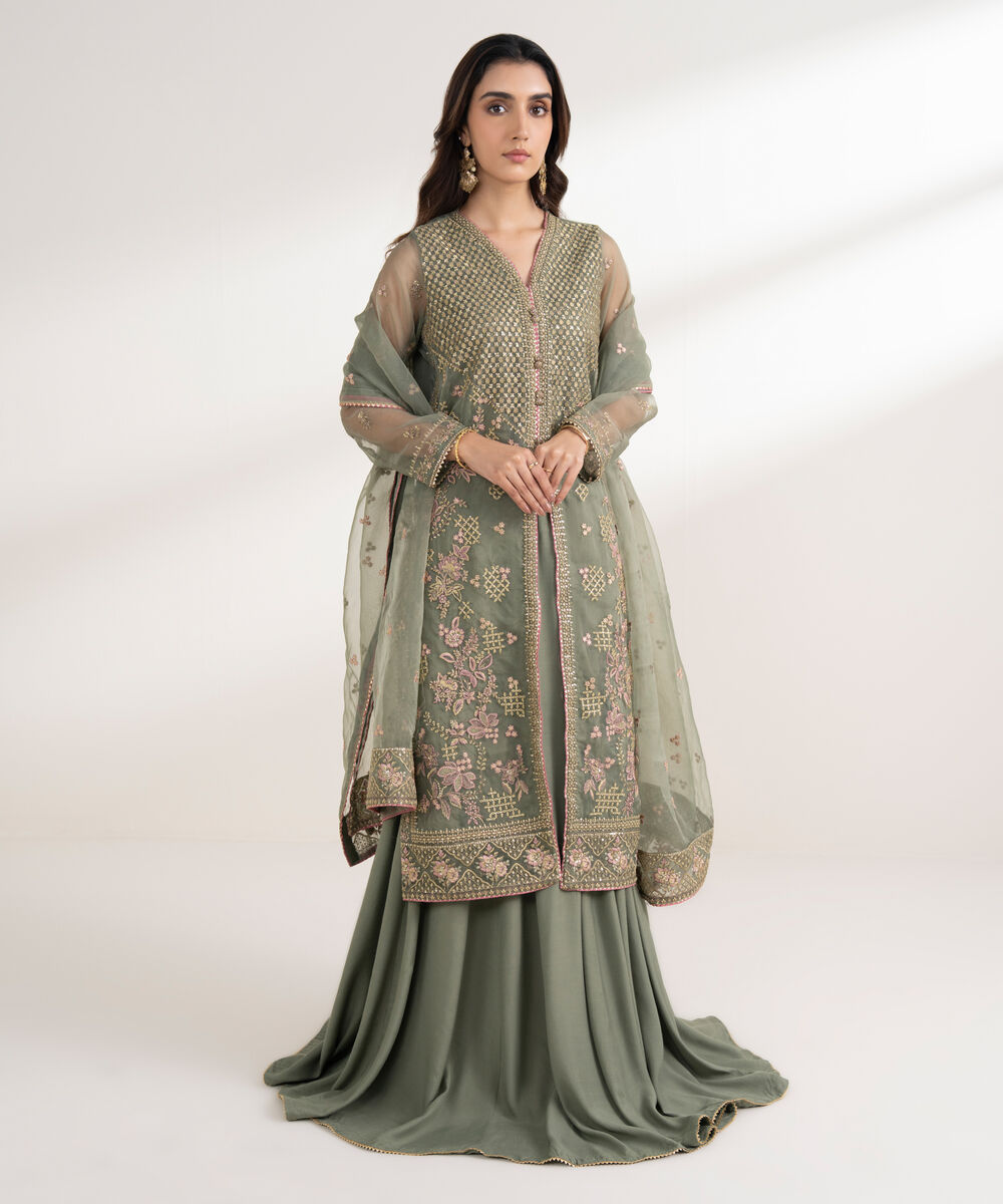 Women's RTW Oraganza Embroidered Green 3 Piece Suit