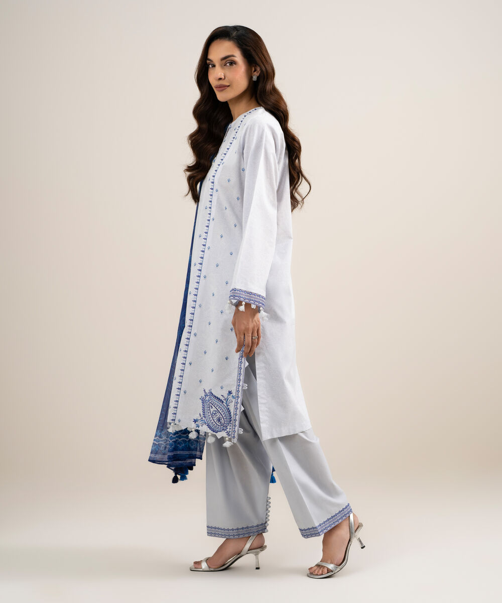 Women's Unstitched Lawn Embroidered Grey