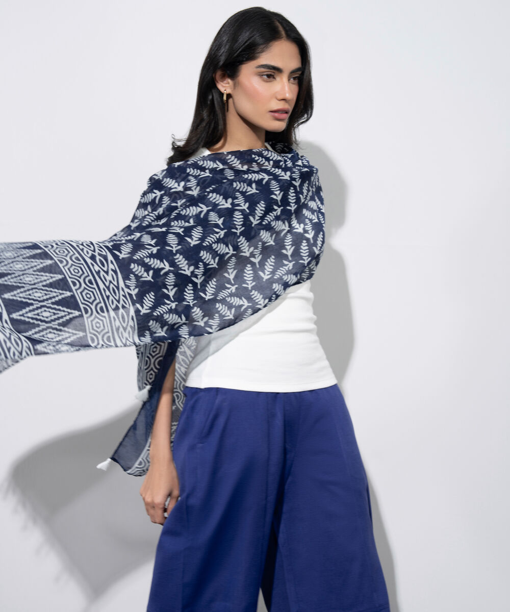 Women's Western Blue Printed Rectangular Scarf