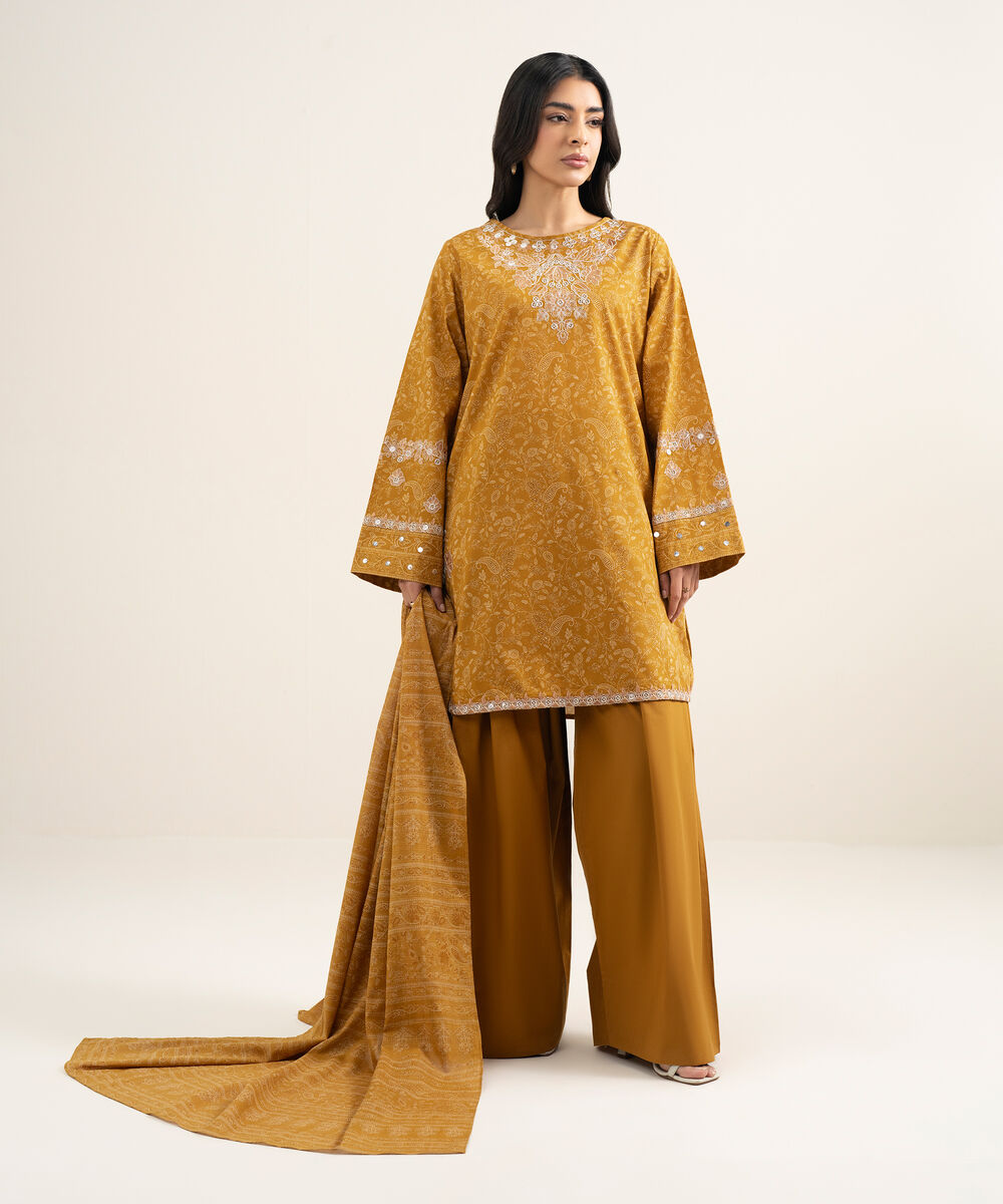 Women's Unstitched Lawn Embroidered Yellow 3 Piece Suit