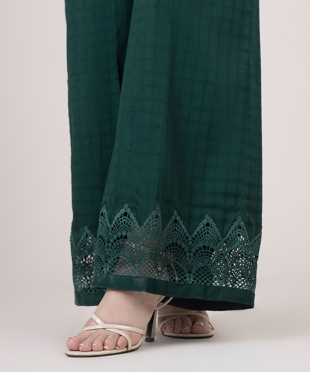 Women's RTW Textured Cotton Green Solid Flared Pants