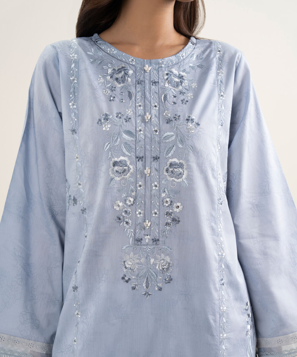 Women's RTW Self Jacquard Embroidered Blue A-Line Shirt
