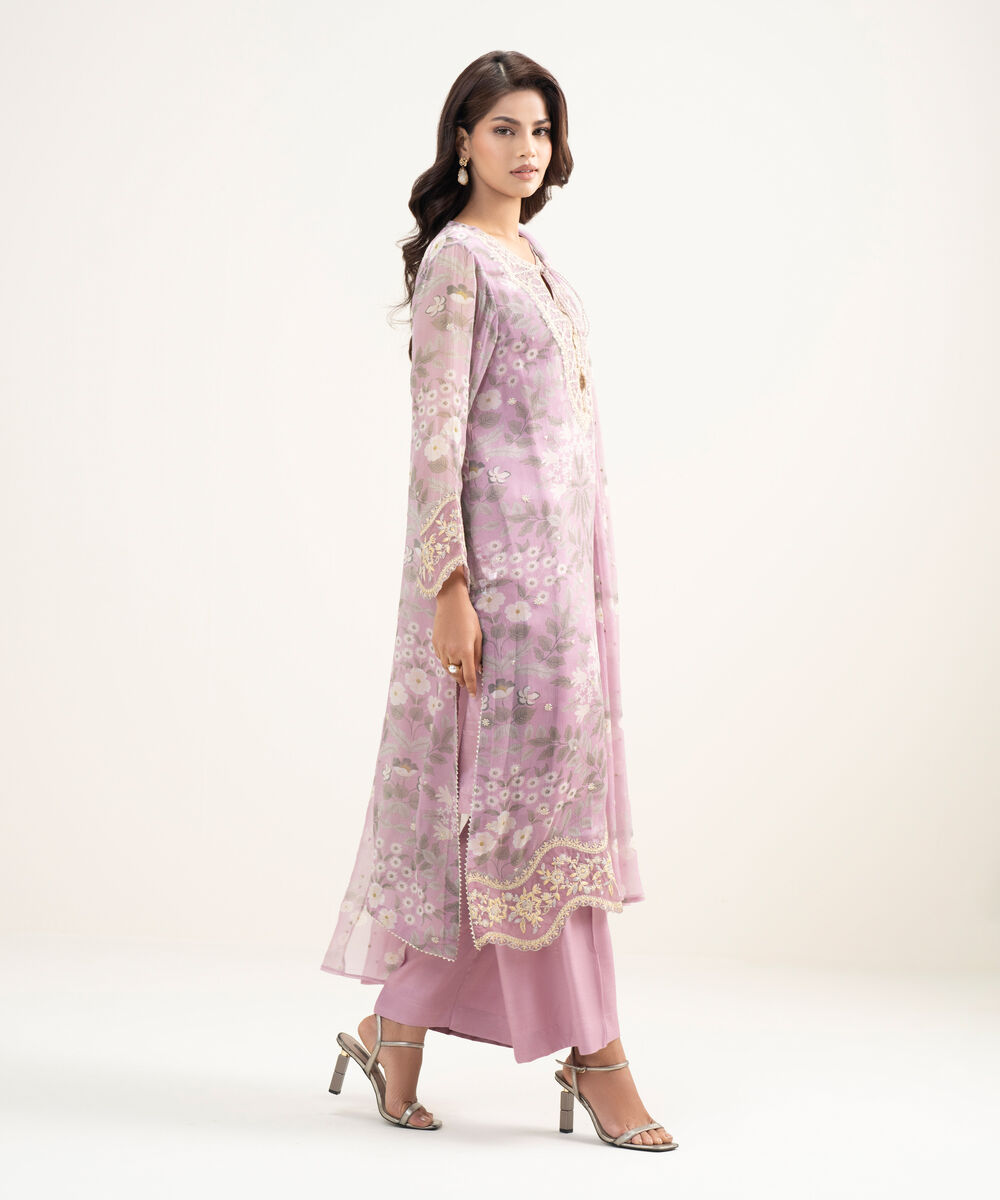 Women's RTW Blended Chiffon Embroidered Light Purple 3 Piece Suit