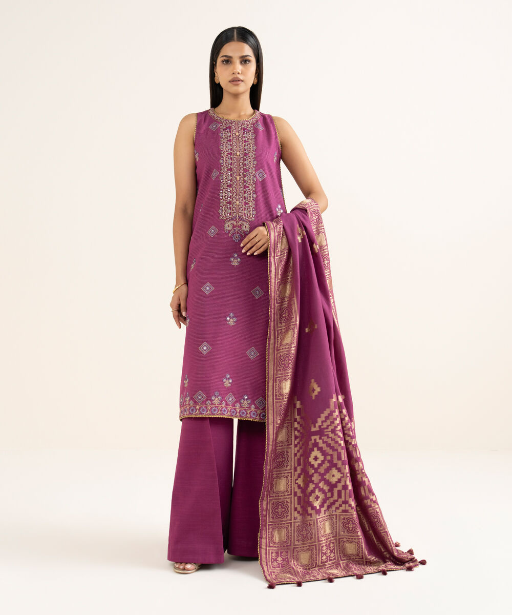 Women's Unstitched Embroidered Zari Khaddar Purple 3 Piece Suit