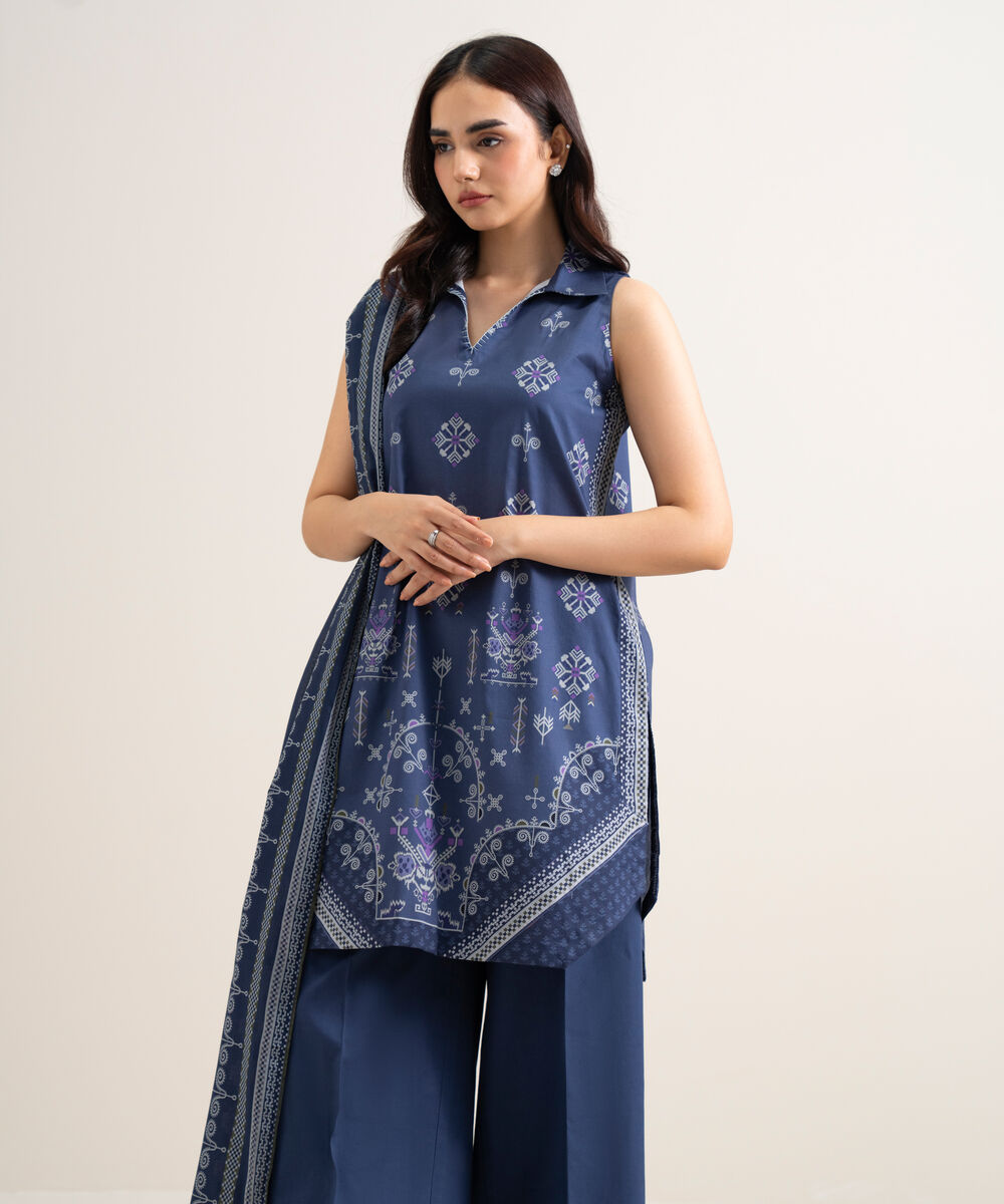 Women's Unstitched Lawn Printed Blue  3 Piece Suit