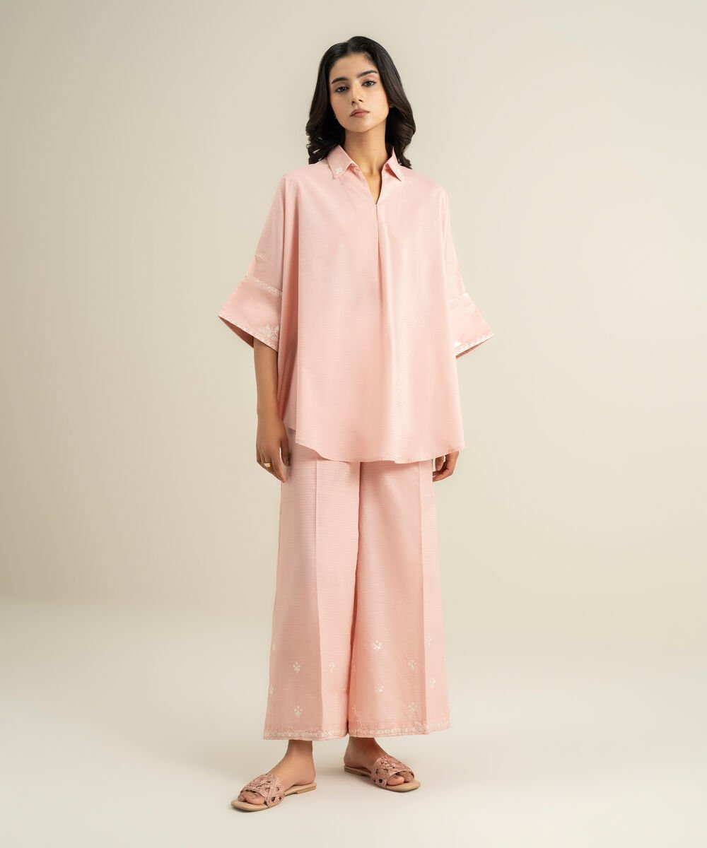 Women's RTW Dobby Embroidered Pink Drop Shoulder Shirt