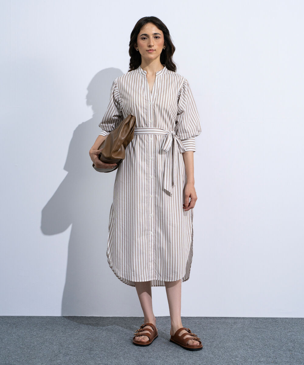 Women's Multi Striped Poplin Dress With Puffed Sleeves