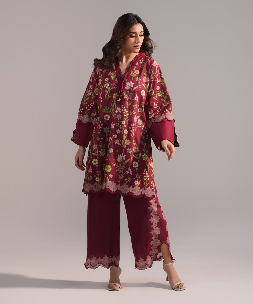 Women's RTW Lawn Printed Maroon Straight Shirt