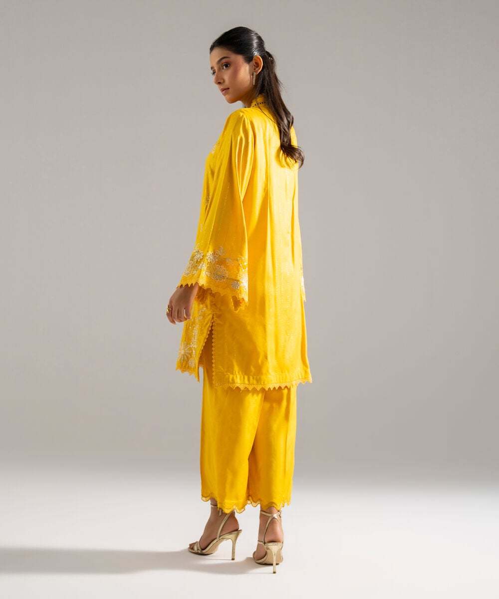 Women's RTW Dobby Crepe Lurix Solid Embroidered Yellow Straight Shirt