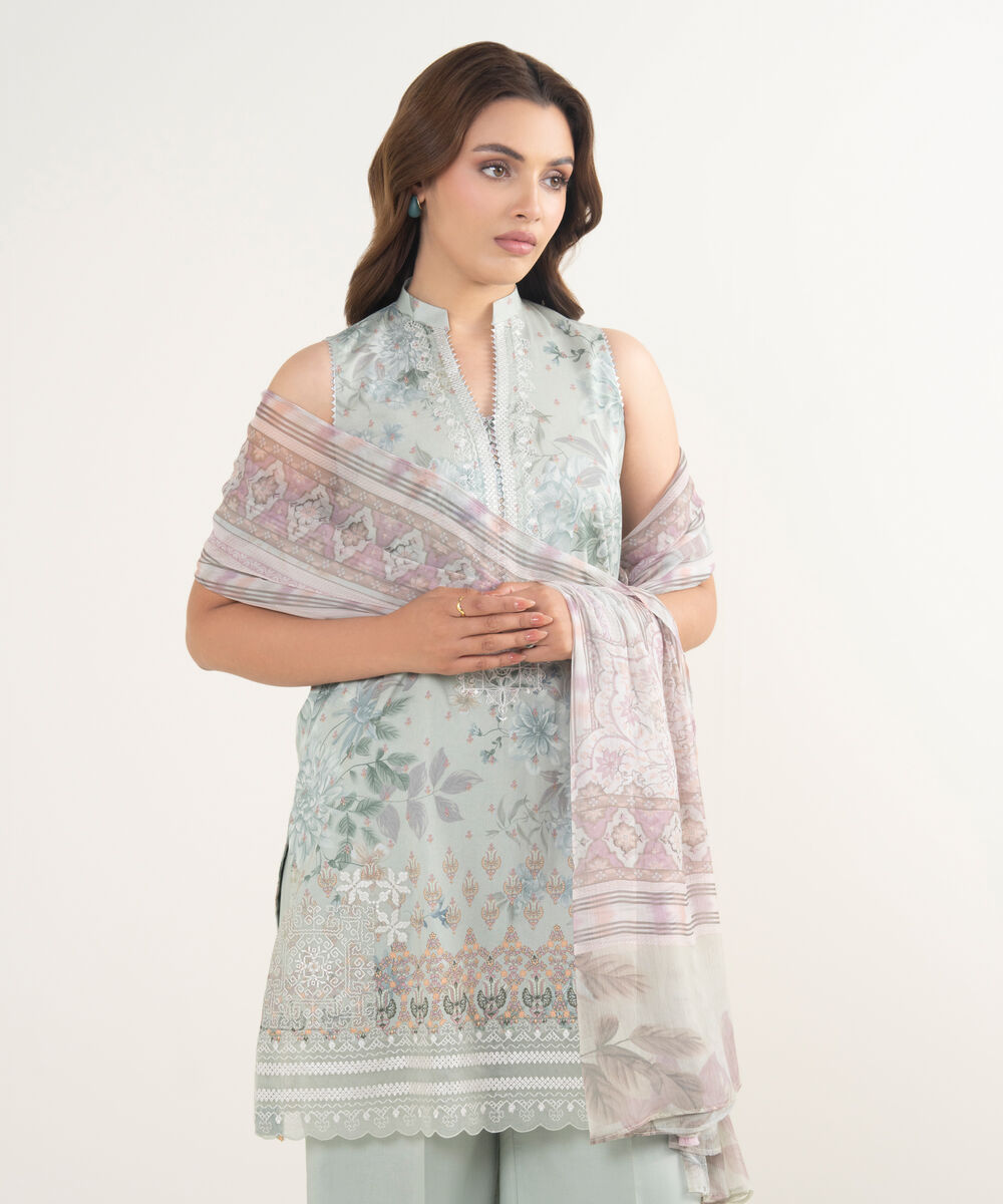 Women's Unstitched Lawn Embroidered Green 3 Piece Suit