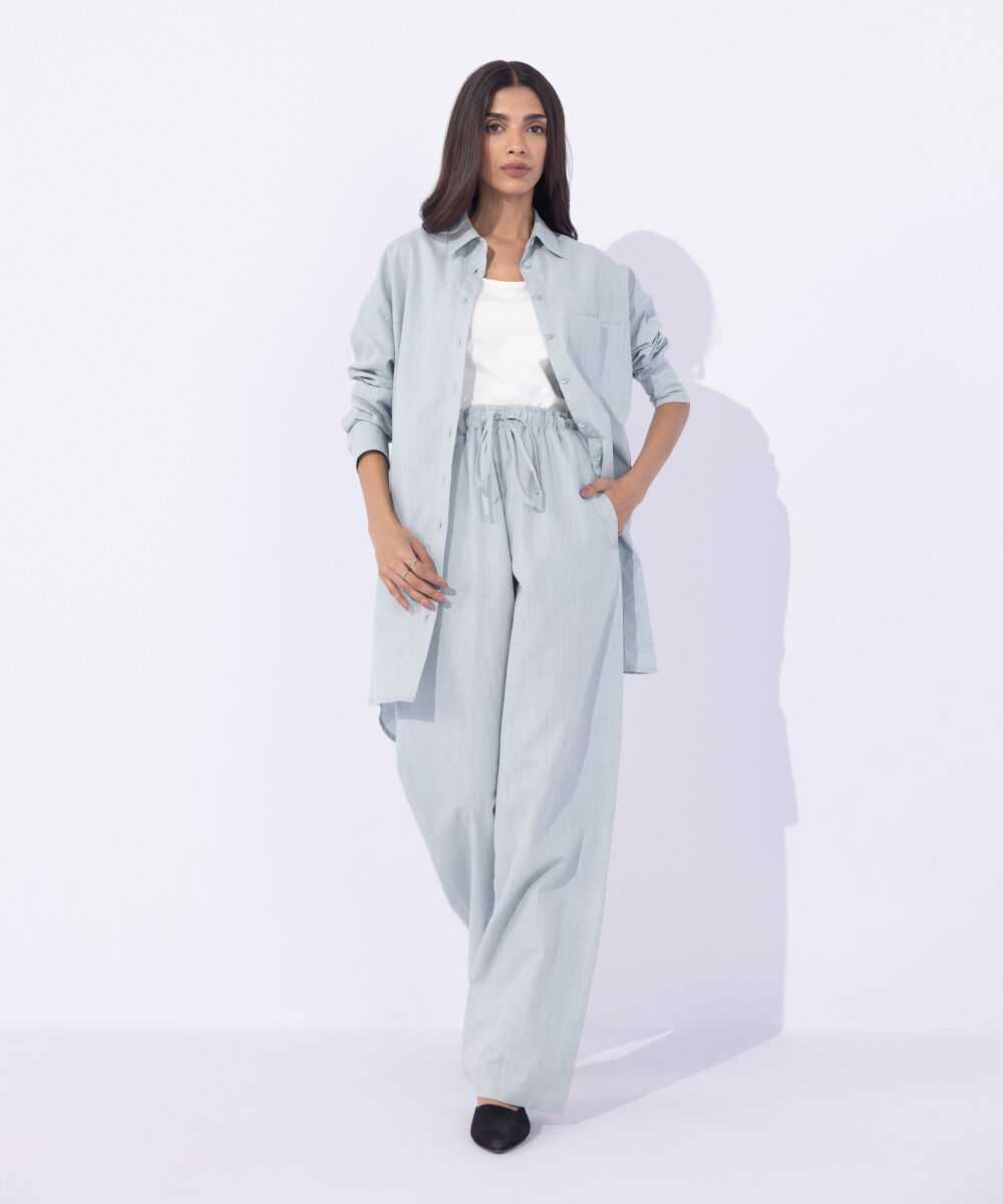 Women's Western Wear Blue Linen Blend Button Through Shirt