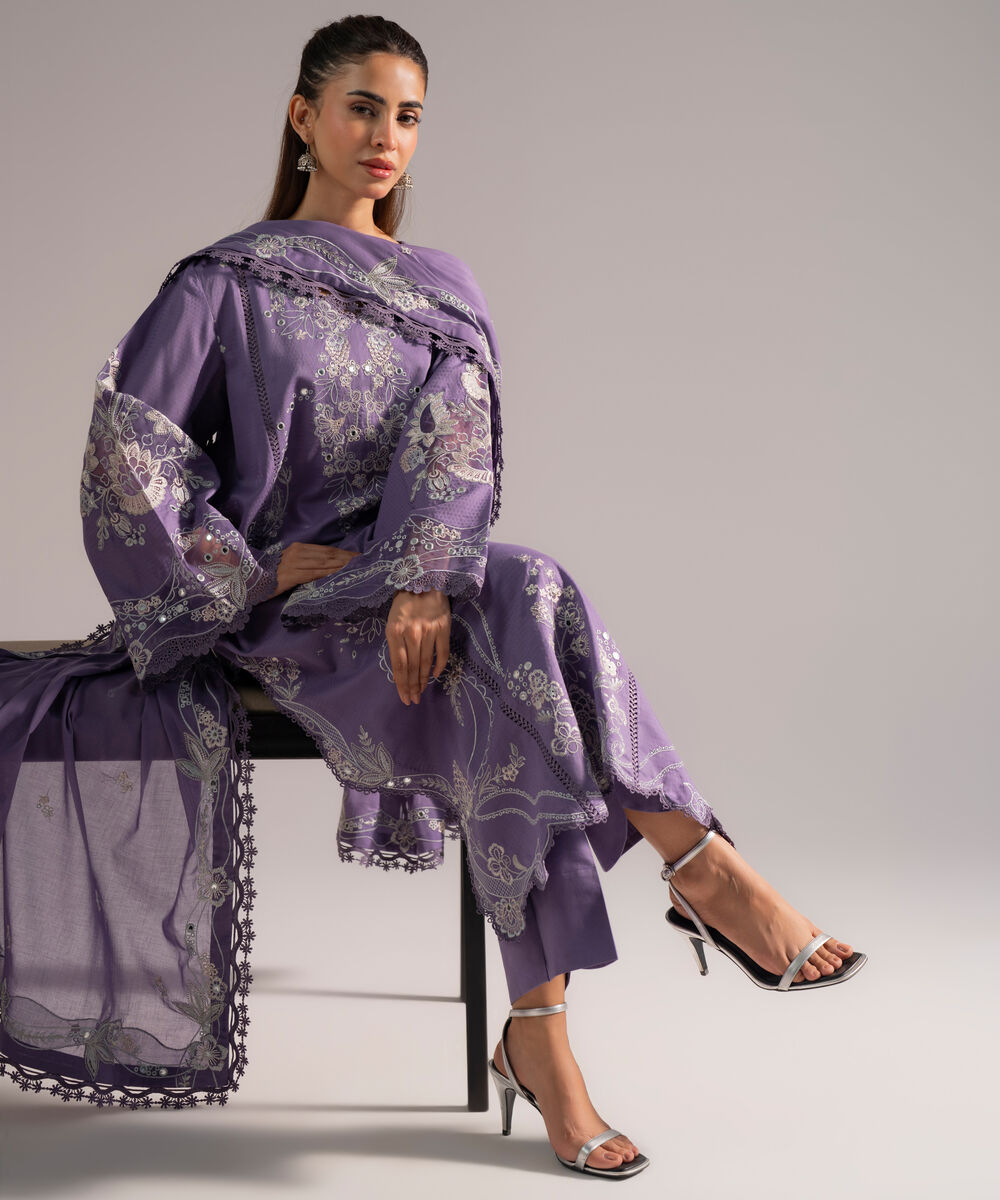 Women's RTW Dobby Embroidered Lavender 3 Piece Suit