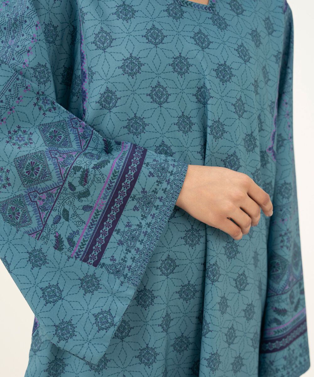 Women's Unstitched Printed Linen Blue 3 Piece Suit