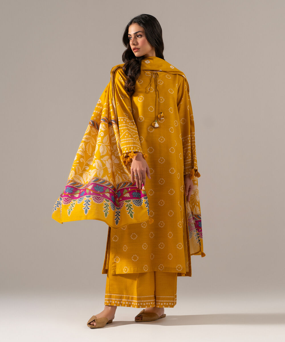 Women's RTW Khaddar Printed Yellow 3 Piece Suit