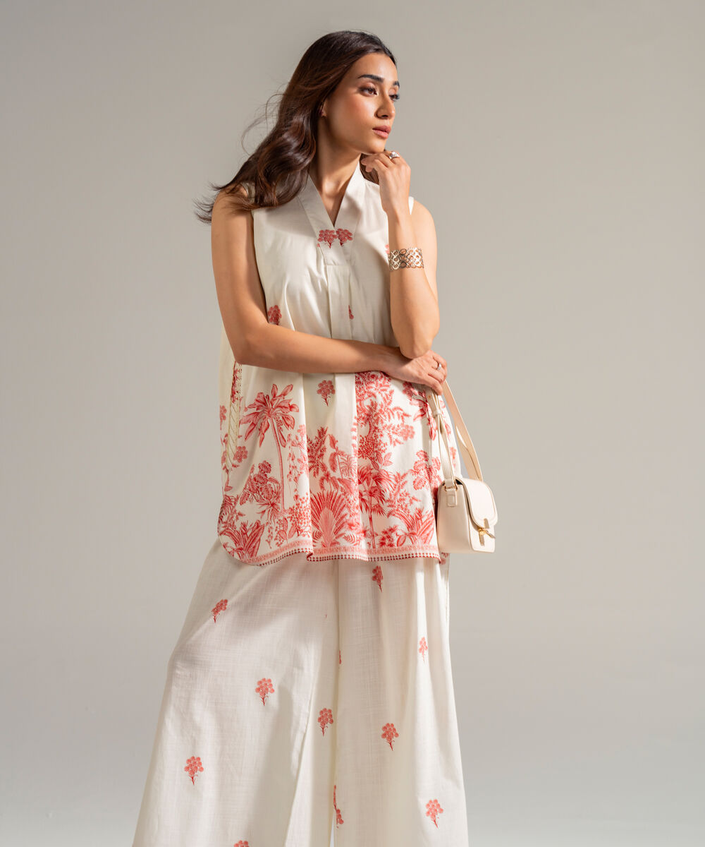 Women's RTW Slub Lawn Printed Off White Straight Shirt