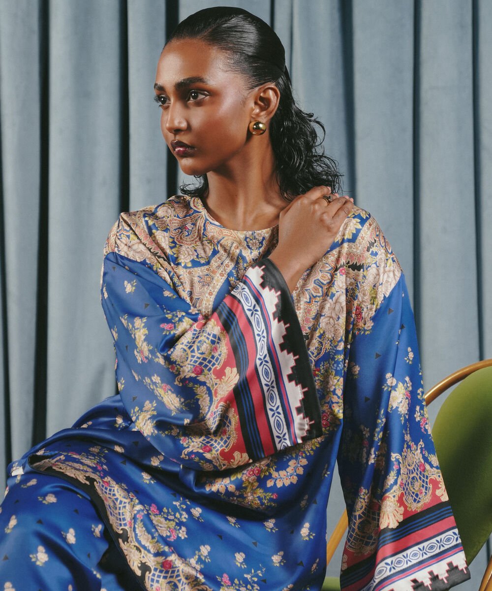 2 Piece - Printed Silk Suit Women's RTW Blended Satin Printed Blue 2 Piece Suit