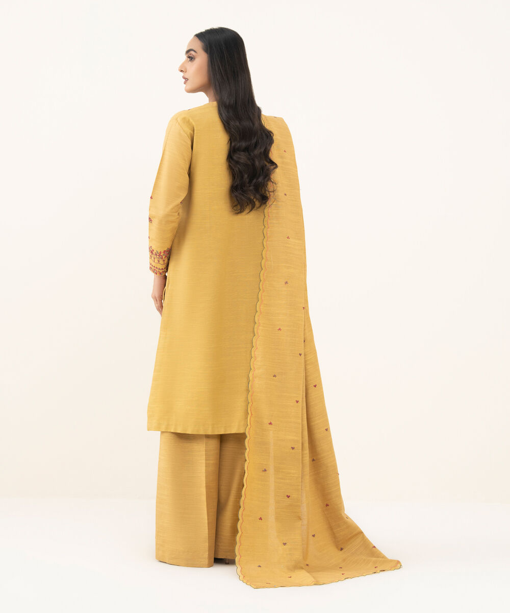 Women's Unstitched Embroidered Cotton Yellow 3 Piece Suit