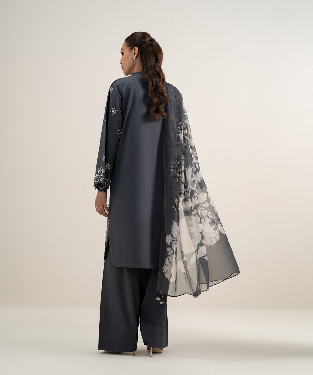 Women's Unstitched Textured Lawn Embroidered Grey 3 Piece Suit