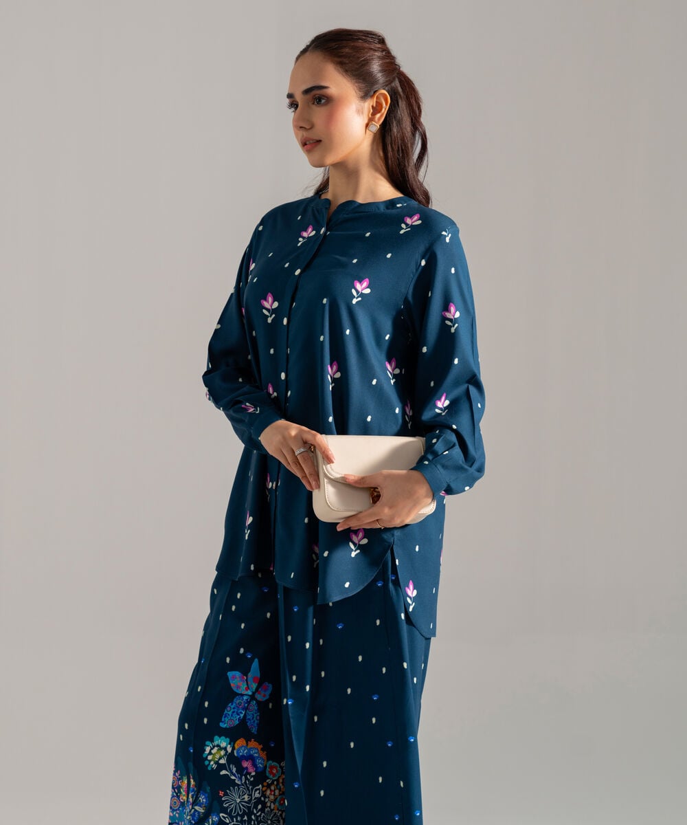 Women's RTW Printed Blue Viscose Linen 2 Piece Suit