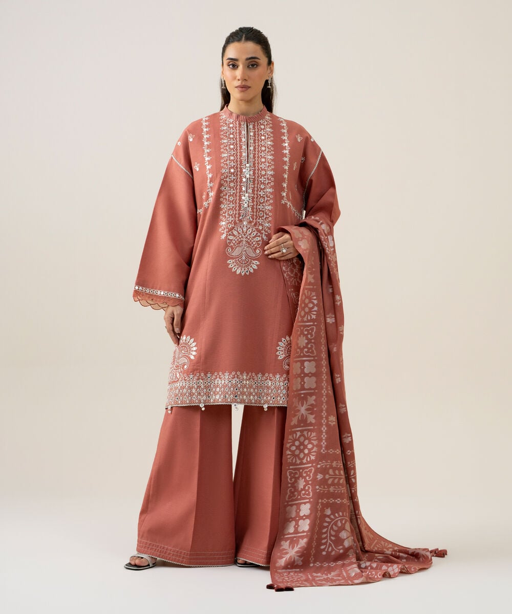 Women's Unstitched Light Khaddar Embroidered Pink 3 Piece Suit