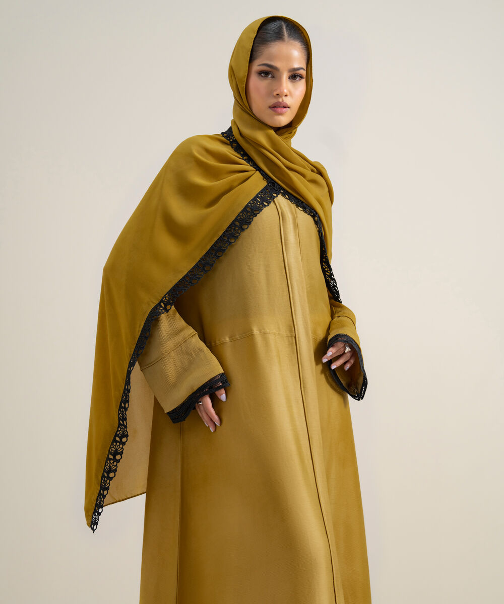 Women's Polyester Yellow Kimono Abbaya Set