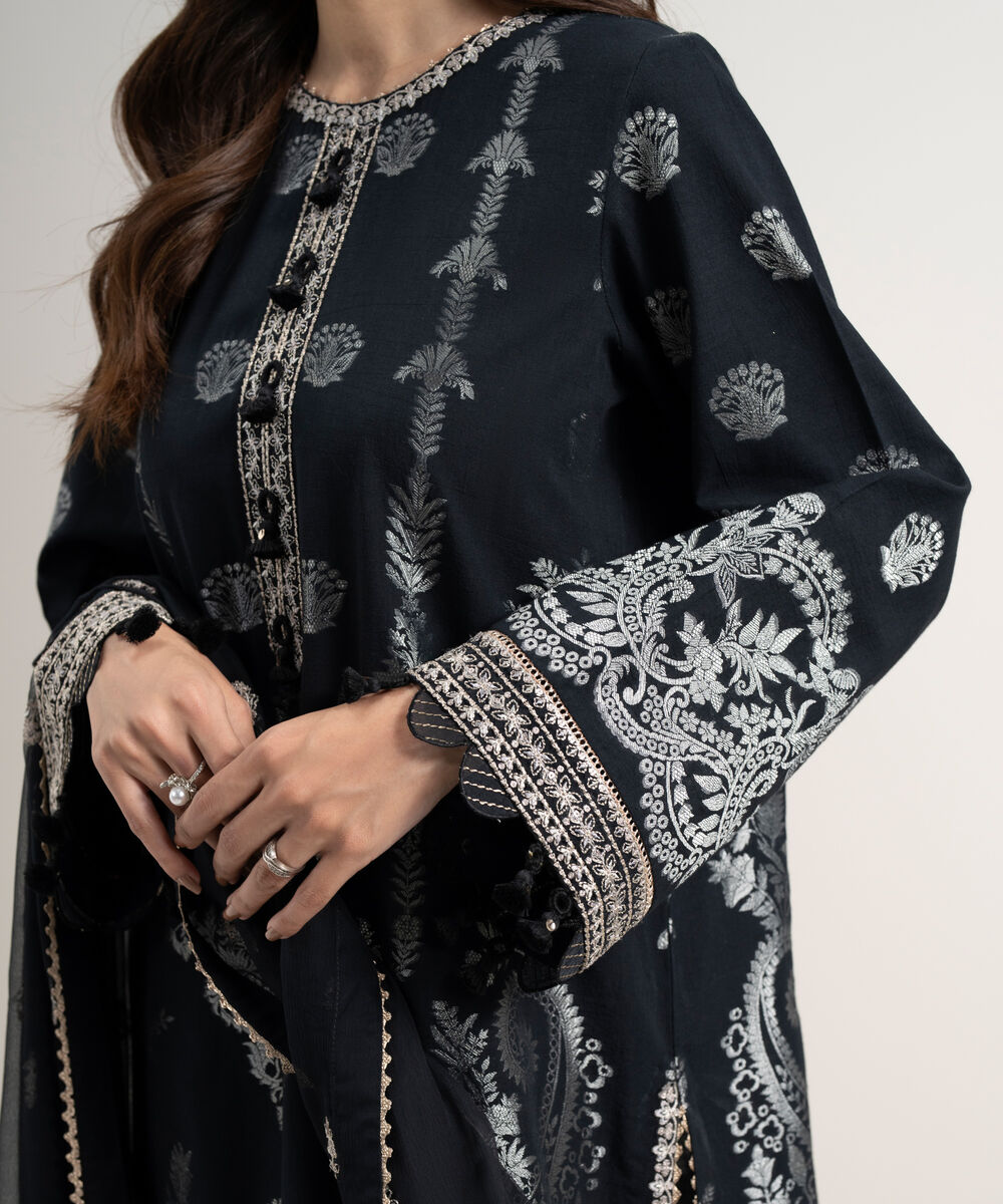 Women's Unstitched Extra Weft Jacquard Embroidered Black 3 Piece Suit