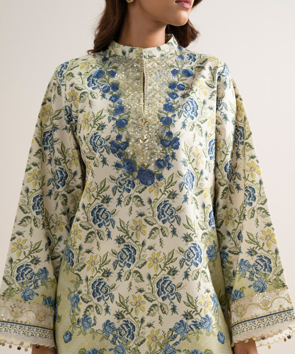 Women's Unstitched Zari Cotton Embroidered Multi 3 Piece Suit