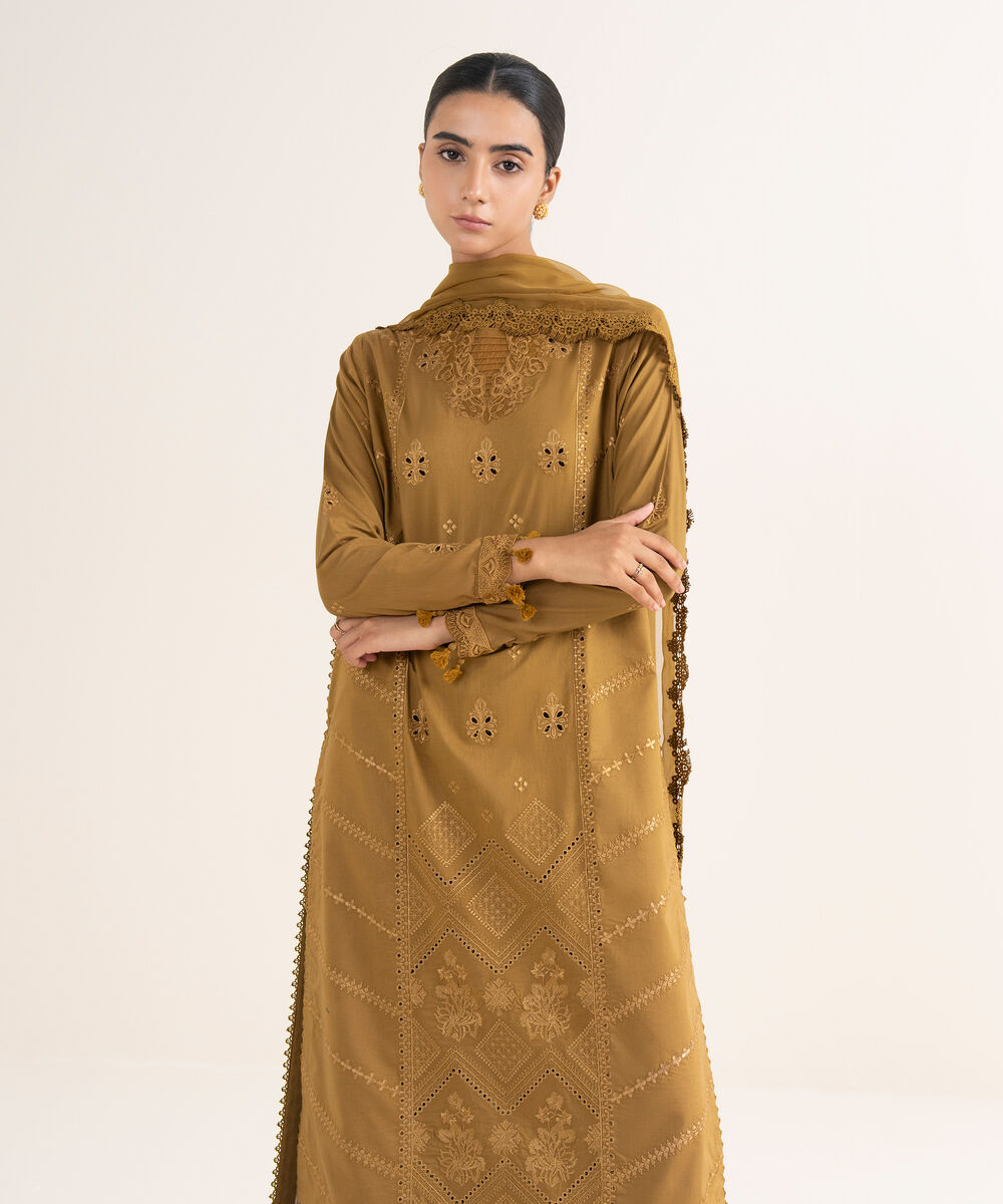 Women's Unstitched Lawn Embroidered Brown 3 Piece Suit