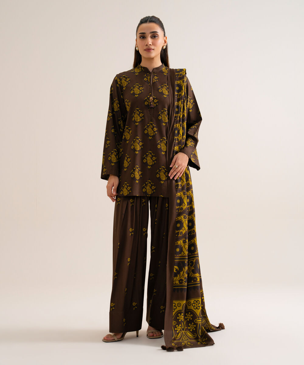 Women's Unstitched Viscose Linen Printed Brown 3 Piece Suit